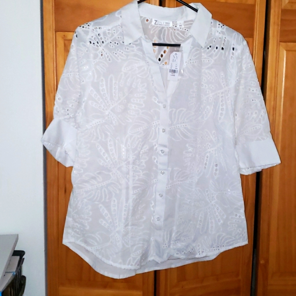 Cuff Eyelet Button Up Blouse